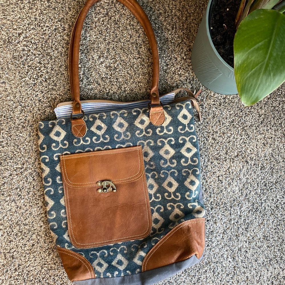 Blue Patterned Tote Bag with Brown Leather Trim